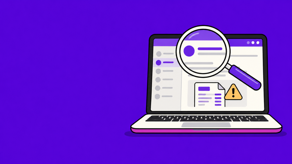 A magnifying glass checks an email on a laptop beside an invoice warning symbol against a purple background.
