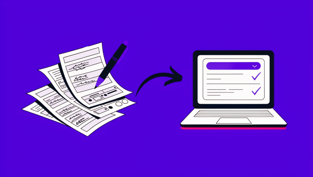 Paper forms becoming an organised online form on a laptop, against a purple background.